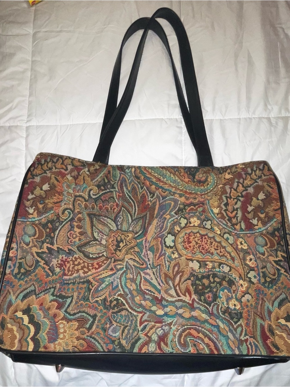 Coldwater Creek Multi-Color Paisley Tapestry Tote with Black Straps